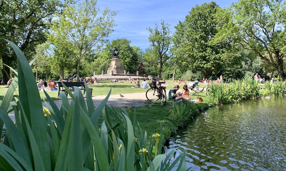 People relaxing in Vondelpark, Amsterdam. A serene pond with lily pads and lush greenery.