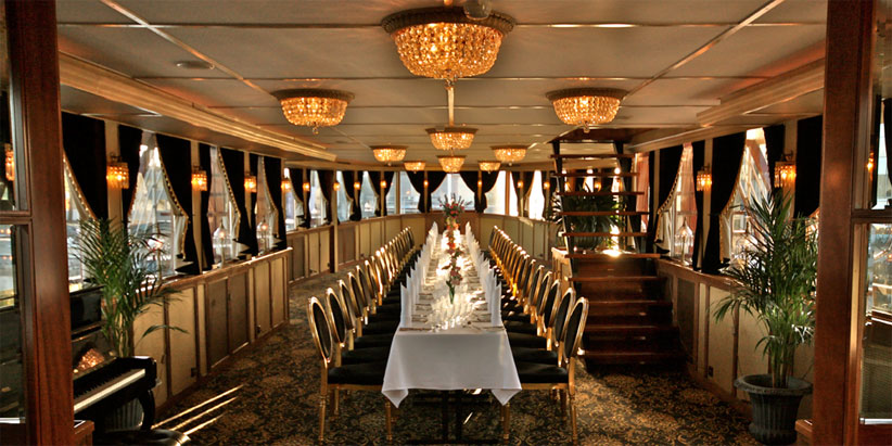 Elegant interior of a dining room on a boat